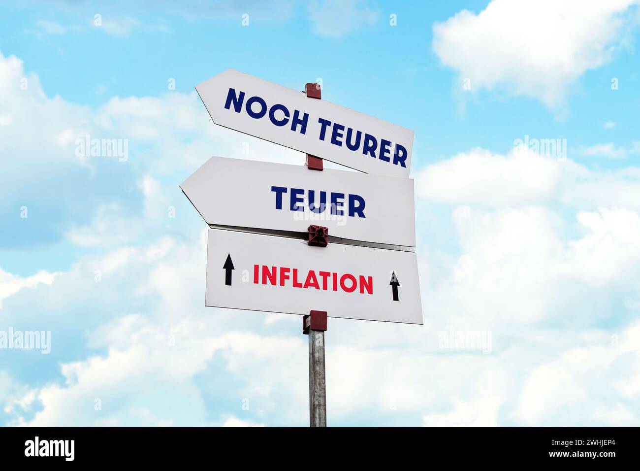3 Signposts showing Inflation, Expensive and even more expensive. Teuer, noch Teurer Stock Photo