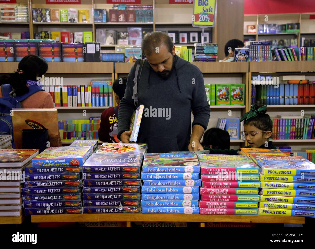 New Delhi, India. 10th Feb, 2024. People visit the book stalls on the first day of the World Book fair 2024 with the theme 'MULTI LINGUAL INDIA' A living Tradition, at Pragati Maidan. The Kingdom of Saudi Arabia is the guest country for the in Book Fair 2024. The fair will continue til February 18 and wil host over 200 stalls of books with multiple languages. (Photo by Naveen Sharma/SOPA Images/Sipa USA) Credit: Sipa USA/Alamy Live News Stock Photo