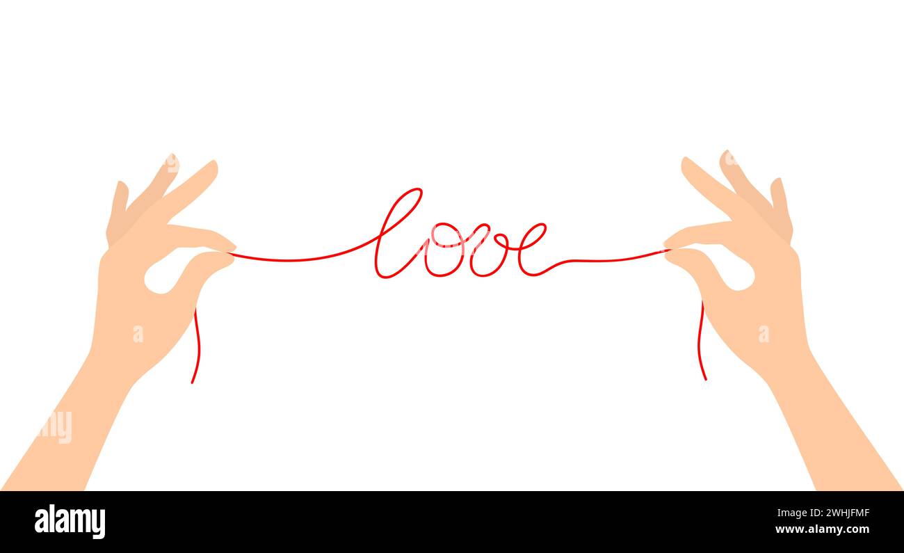 Two hands holding a red thread forming the word "love", isolated on a white background. Flat vector illustration Stock Vector