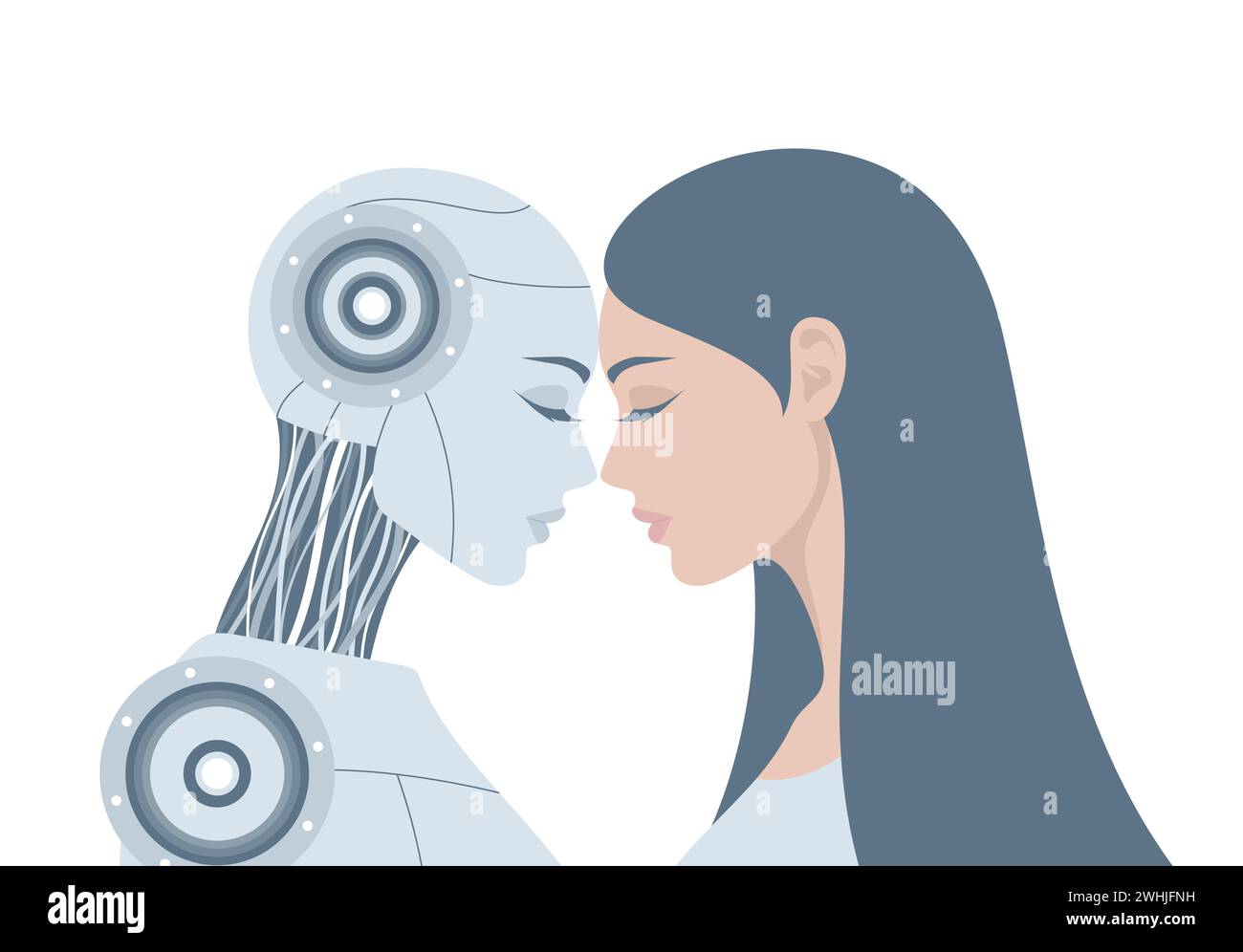 Female humanoid robot and human woman standing together, leaning their foreheads against each other, isolated on a white background. Flat vector illus Stock Vector