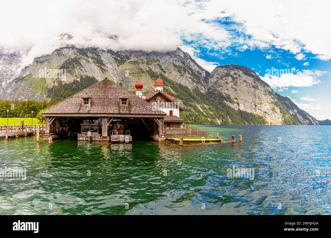 Mountain Watzmann and Pilgrimage church Sankt BartholomÃ¤ at Lake Koenigssee near Berchtesgaden Alps, Stock Photo
