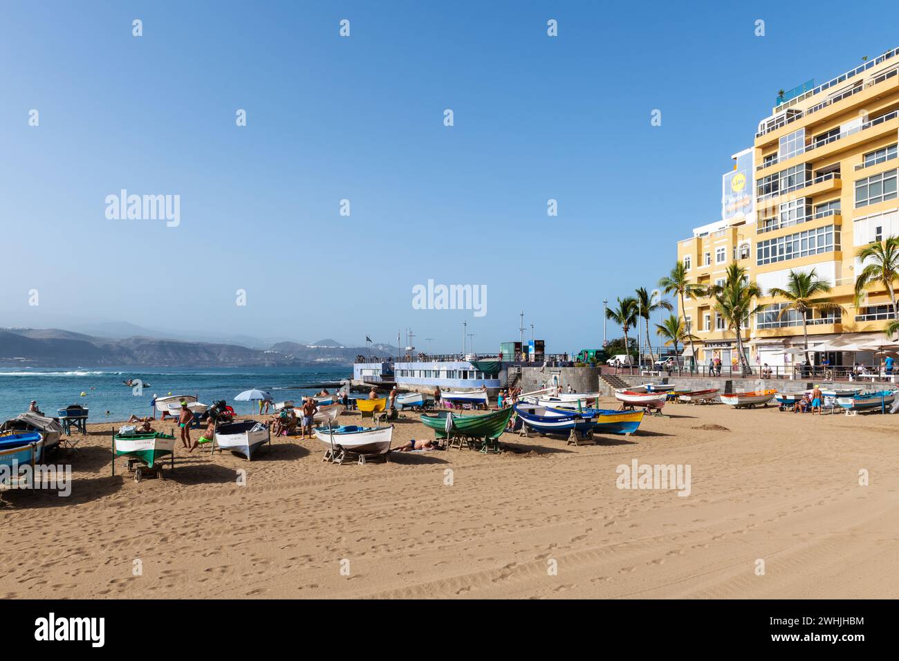 GRAN CANARIA, SPAIN - DECEMBER 12, 2023: Panorama view of Las Canteras beach at Las Palmas de Gran Canaria in the Canary Islands in Spain. Stock Photo