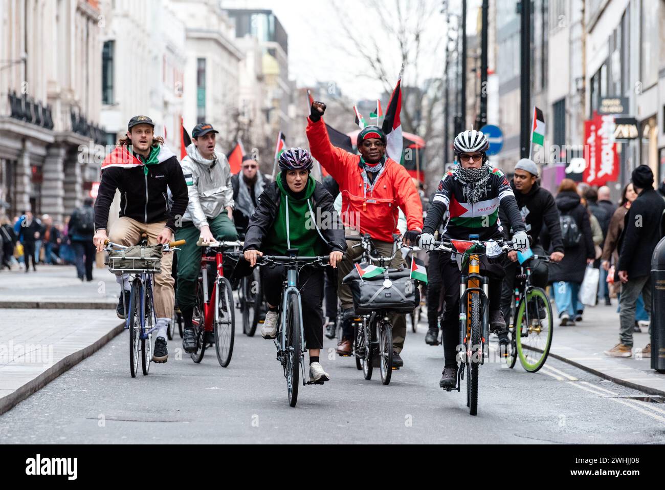 London, UK. 10 February 2024. Pro-Palestine protesters bike ride ...