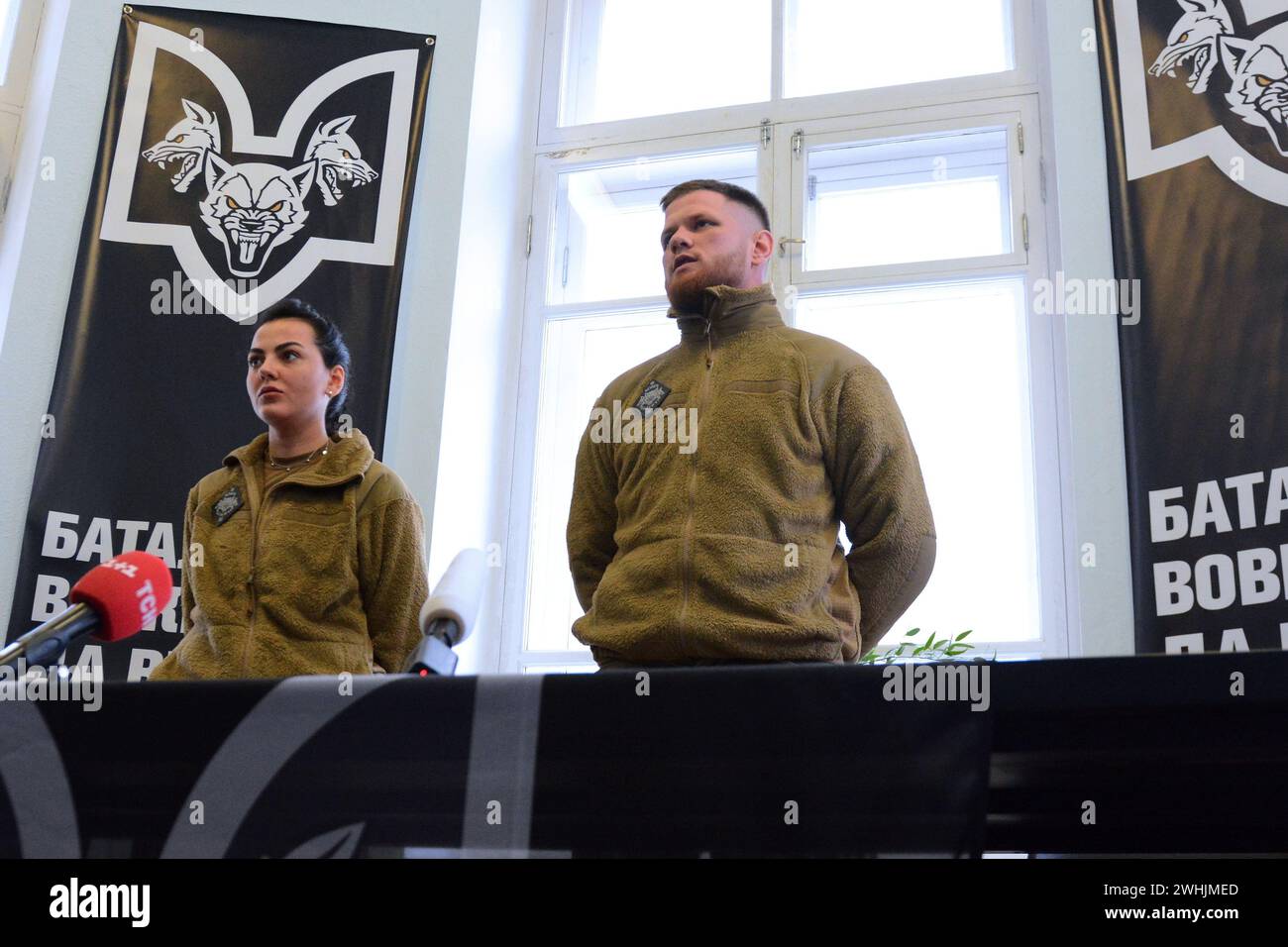 Serhiy Filimonov (call sign Filya) (R), an officer of the Armed Forces of Ukraine since February 6, 2024, the commander of the 'Da Vinci Wolves' battalion during the opening of the recruiting center for the recruitment of volunteers, Kyiv on February 10, 2024 Stock Photo