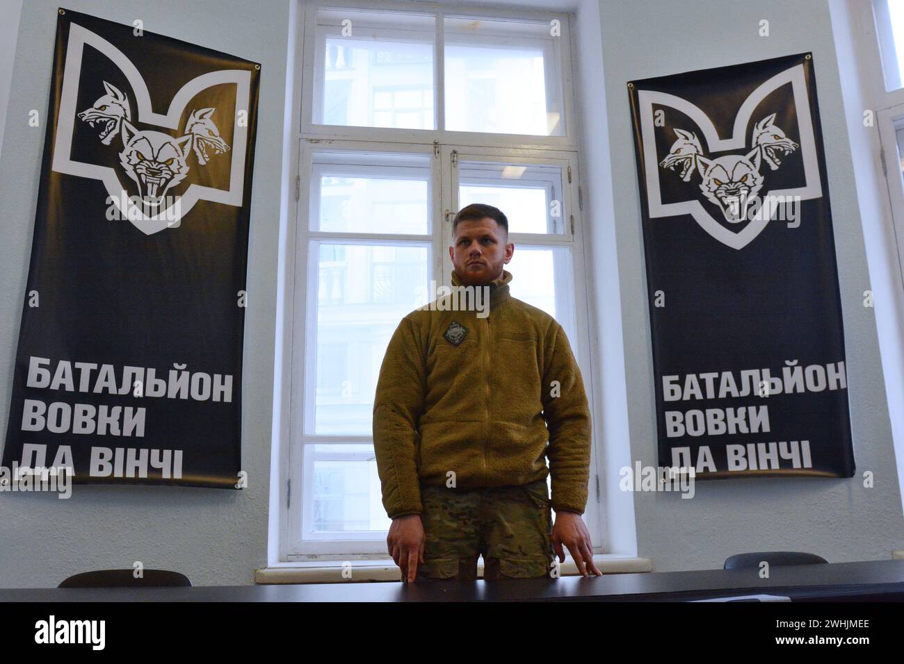 Serhiy Filimonov (call sign Filya) an officer of the Armed Forces of Ukraine is a commander of the 'Da Vinci Wolves' battalion and is seen during the opening of the recruiting center for the recruitment of volunteers. Fighters of the 'Da Vinci Wolves' battalion announced the opening of a recruiting center for the recruitment of fighters to resist Russia's military aggression in Kyiv. Stock Photo