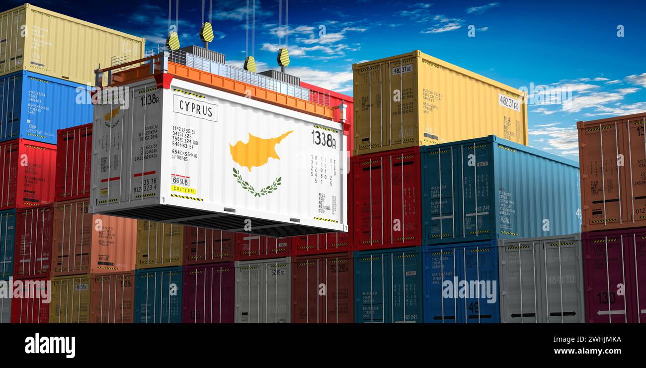 Container Distance Cyprus Freight shipping container with flag of Cyprus on crane hook - 3D ...
