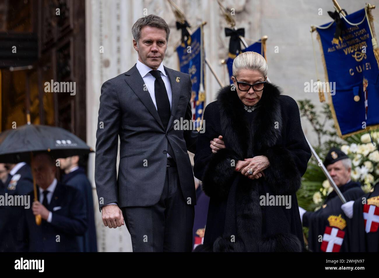 Vittorio Emanuele funeral Marina Doria of Savoy R, widow of Vittorio Emanuele of Savoy, and Emanuele Filiberto of Savoy, son of Vittorio Emanuele of Savoy, exit the Turin Cathedral following the funeral ceremony of Vittorio Emanuele of Savoy. Vittorio Emanuele of Savoy was the son of Umberto II of Savoy, the last king of Italy, and he died in Geneva on February 3, 2024. Turin Italy Copyright: xNicolòxCampox Stock Photo