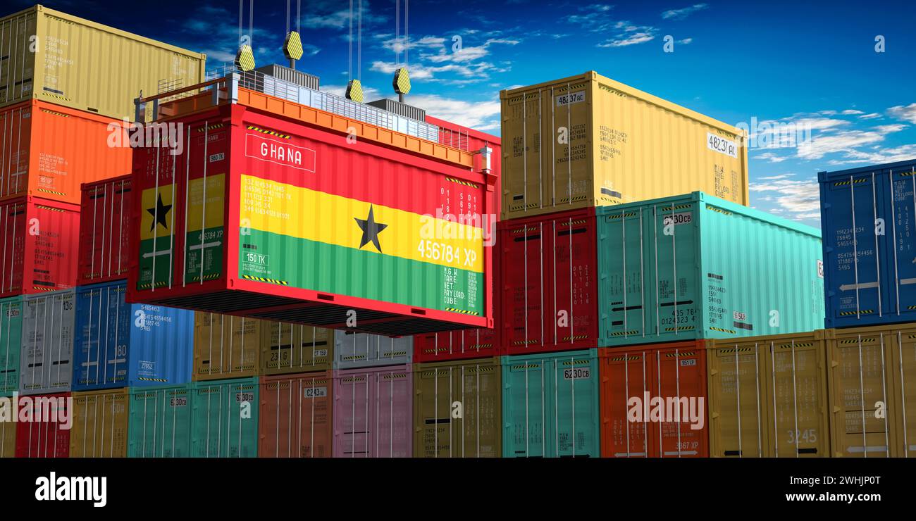 Freight shipping container with flag of Ghana on crane hook 3D