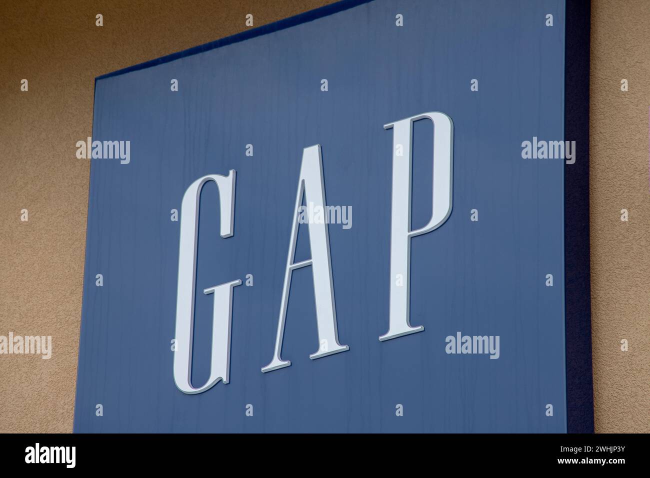 Montreal, Canada, Aug 07, 2023 Gap brand retail shop logo signboard on the storefront in the