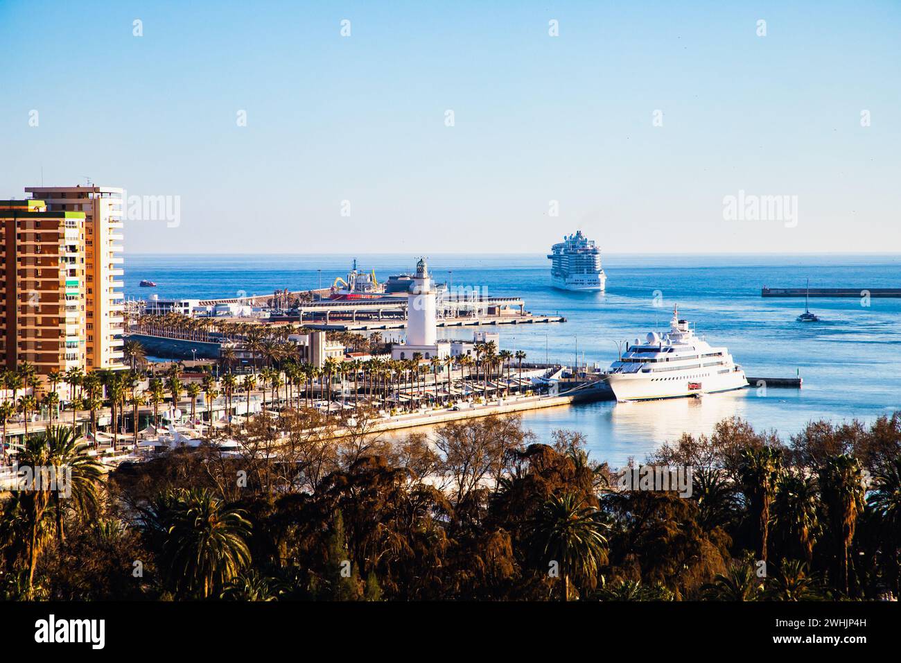 View over Malaga at sunset travel banner Stock Photo
