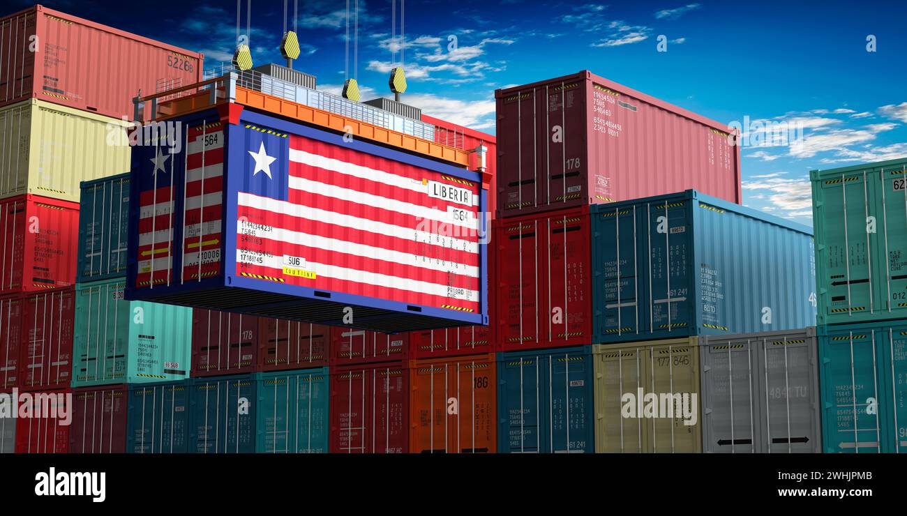 Freight shipping container with flag of Liberia on crane hook - 3D ...