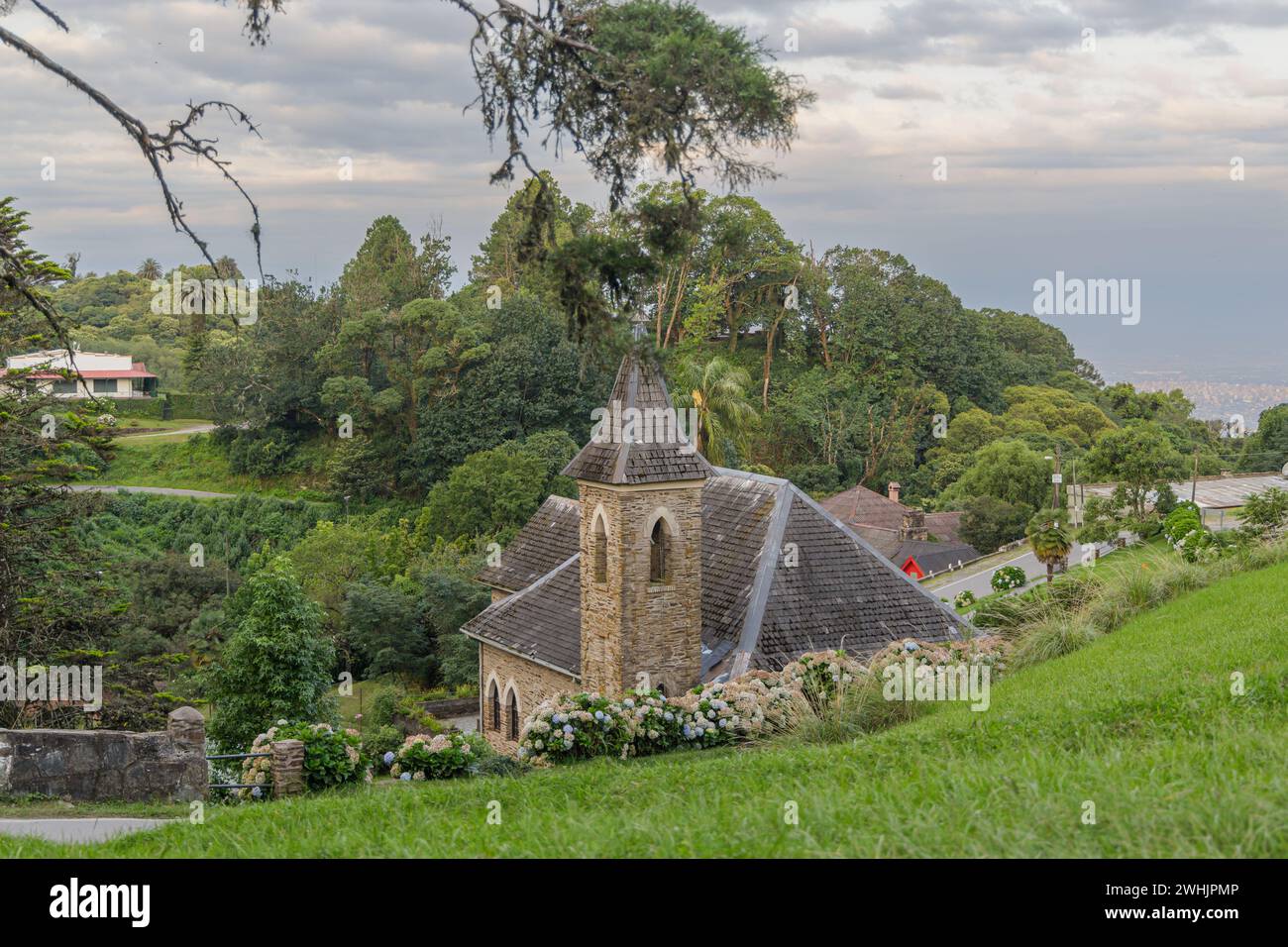 Top view of Chapel of the Sacred Heart of Jesus in Villa Nougues in Tucuman Argentina. Stock Photo