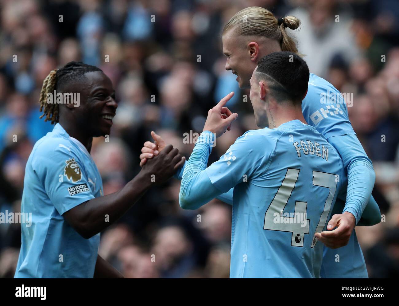 Etihad Stadium, Manchester, UK. 10th Feb, 2024. Premier League Football, Manchester City versus Everton; Erling Haaland of Manchester City celebrates with team mate Jeremy Doku after scoring his side's opening goal after 71 minutes Credit: Action Plus Sports/Alamy Live News Stock Photo