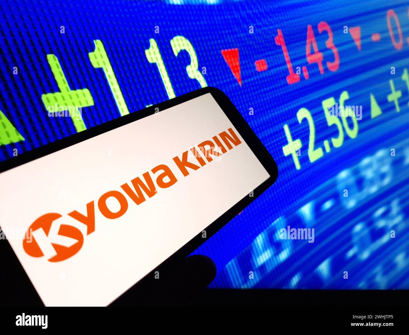 Konskie, Poland - February 09, 2024: Kyowa Kirin Co Ltd company logo displayed on mobile phone Stock Photo