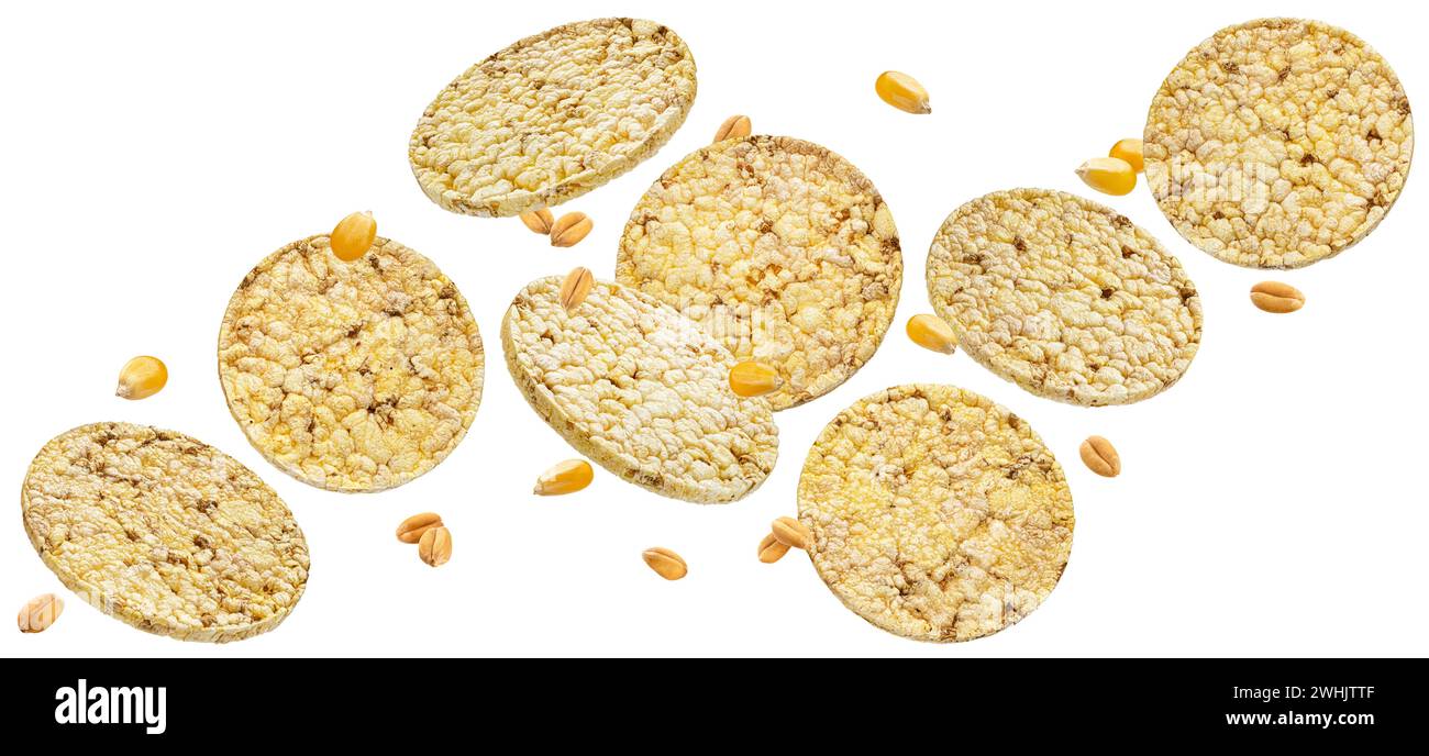 Corn biscuits, puffed rice and corn cakes isolated on white background Stock Photo