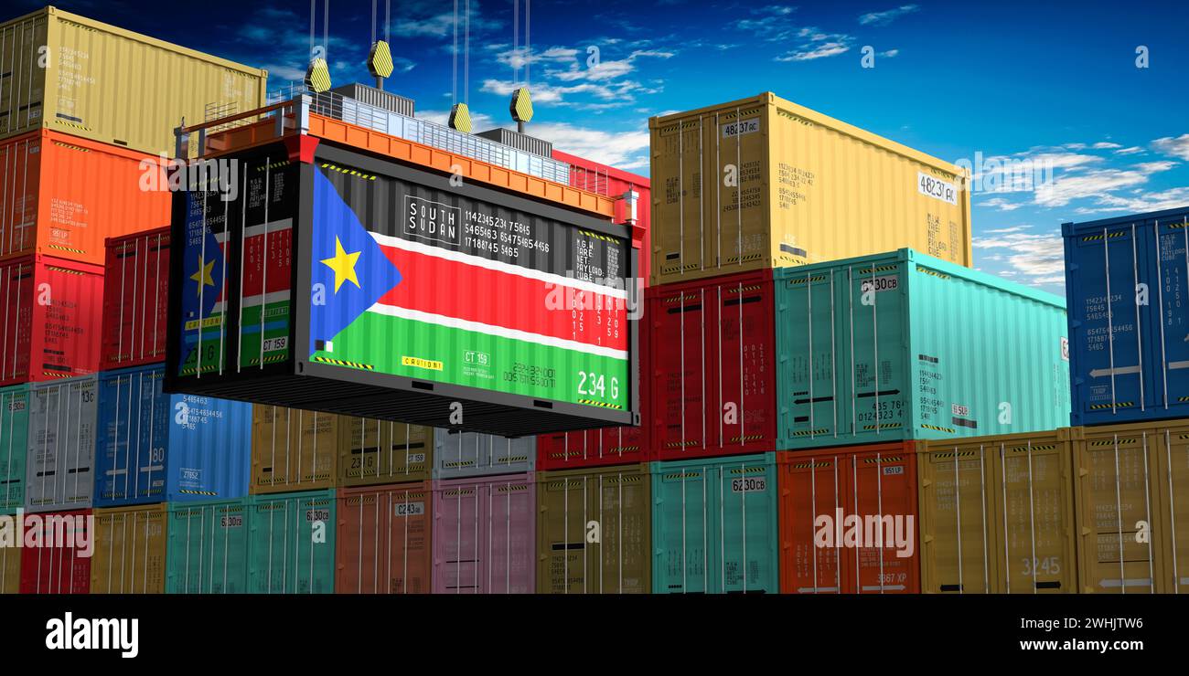 Freight shipping container with flag of South Sudan on crane hook - 3D ...
