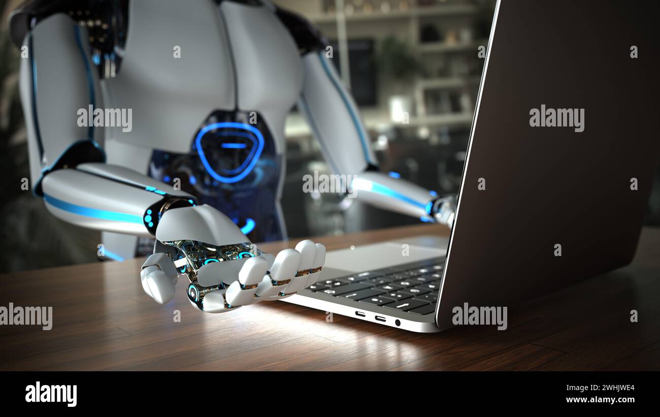 Humanoid robot typing on computer in office. 3d illustration Stock ...