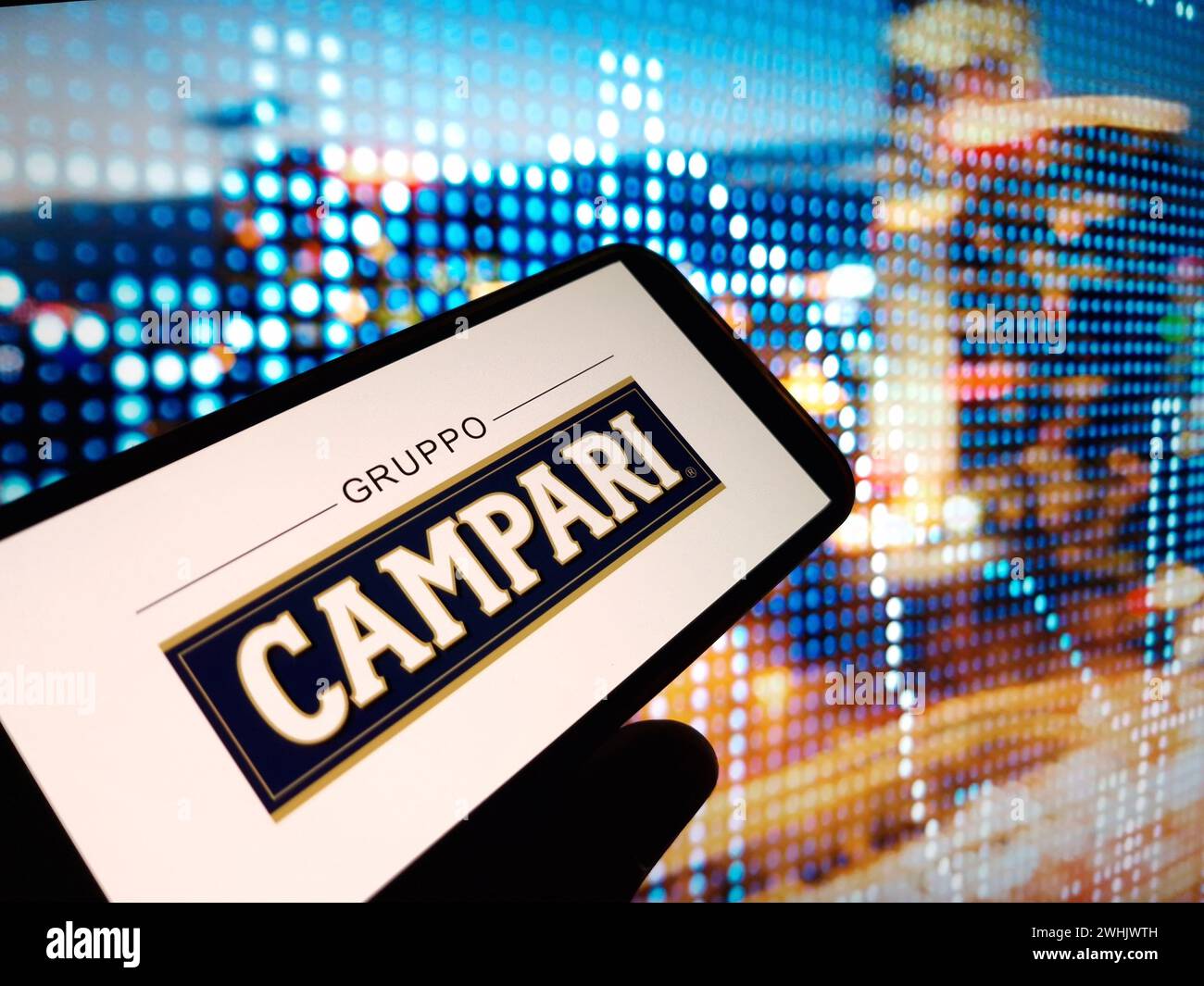 Konskie, Poland - February 09, 2024: Campari company logo displayed on mobile phone Stock Photo