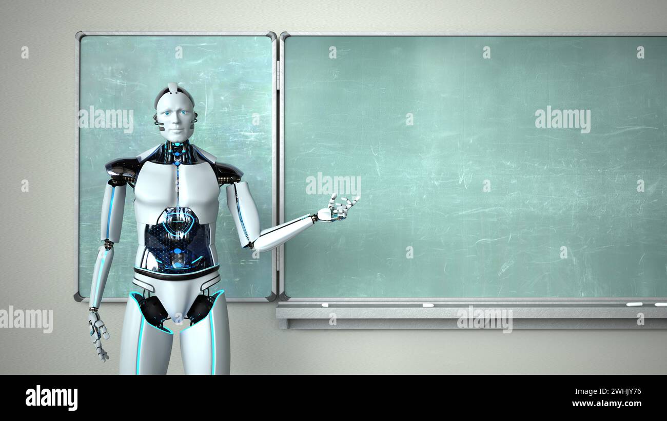 Humanoid Robot Chalkboard Teacher Stock Photo