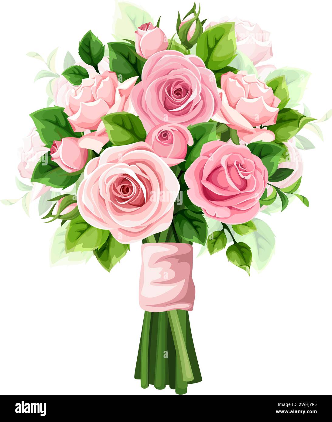 Bouquet of pink rose flowers and green leaves isolated on a white ...