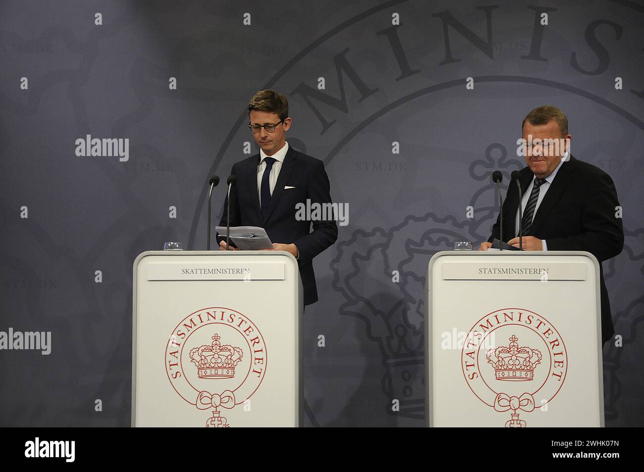 Copenhagen /Denmark - 13 June 2017. Danish prime minister Lars Lokke Rasmussen(R) and danish minister for taxation Karsten Lauritzen  hold press conference at PM office mirror hall and told to nation that Taxation department will be oblihed 1 july 2018 and ill have new model 7 office deal with new tax system which will much easyer for nation.    (Photo.Francis Joseph  Dean/Deanpictures) Stock Photo