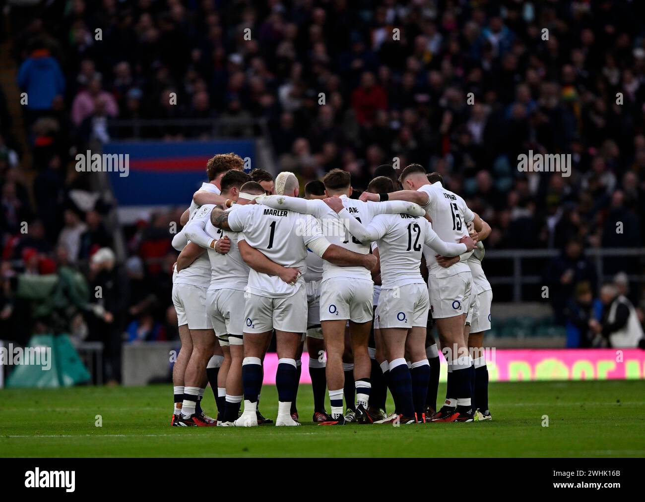 Twickenham, United Kingdom. 10th Feb, 2024. England V Wales, Guinness 6 Nations. Twickenham Stadium. Twickenham. The England huddle during the England V Wales rugby match in the Guinness 6 Nations. Credit: Sport In Pictures/Alamy Live News Stock Photo