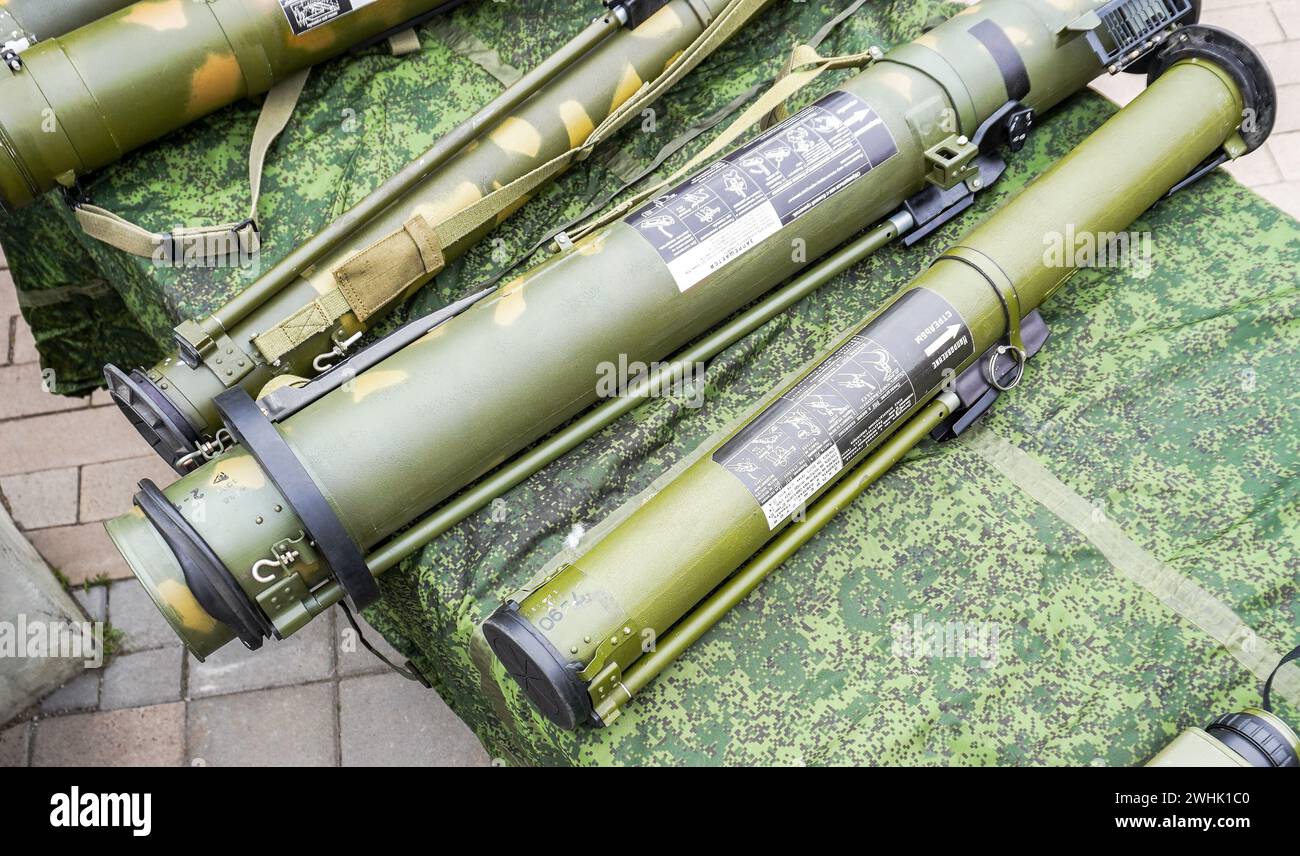 Samara, Russia - May 27, 2023: Different anti-tank grenade launchers. Disposable anti-tank rocket launchers. Military protective weaponry Stock Photo