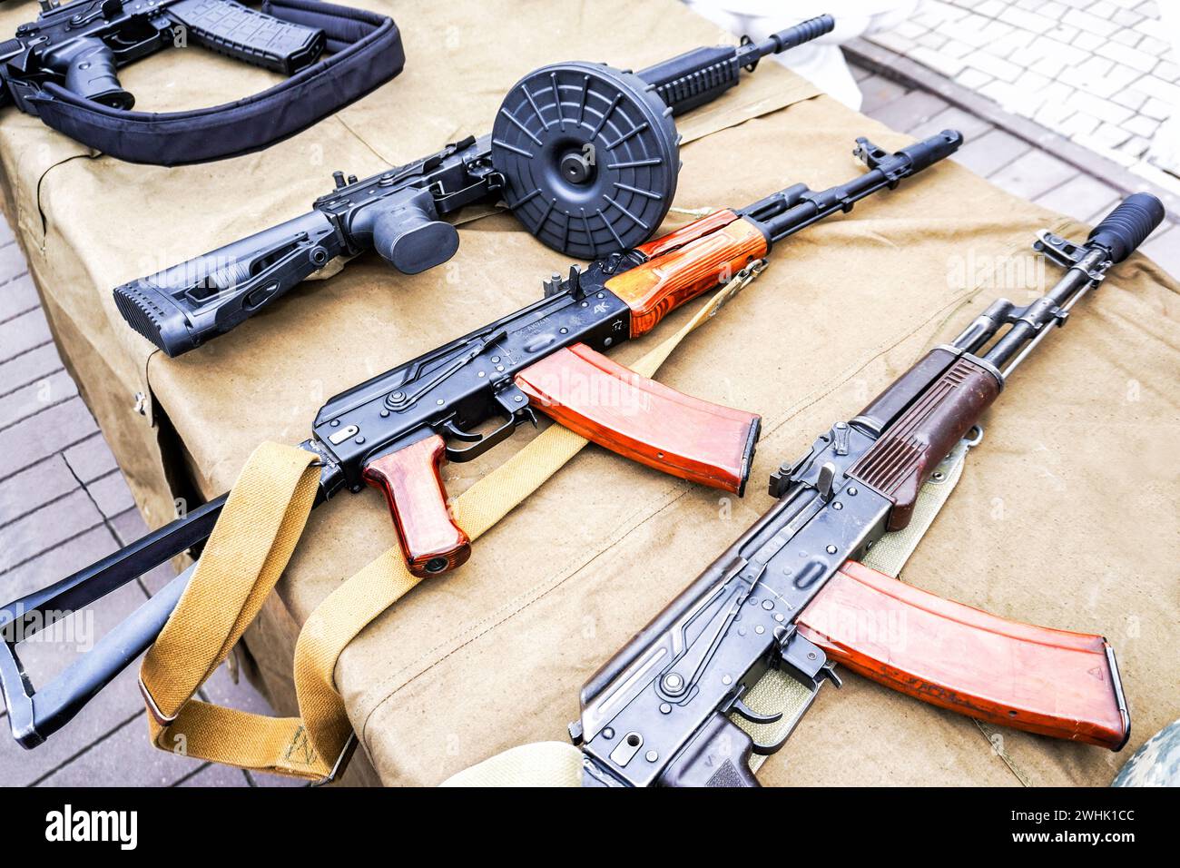 Samara, Russia - May 27, 2023: Russian Kalashnikov assault rifle AK-12 with a drum magazine, AK-74 assault rifle. Russian firearms, assault rifles Stock Photo