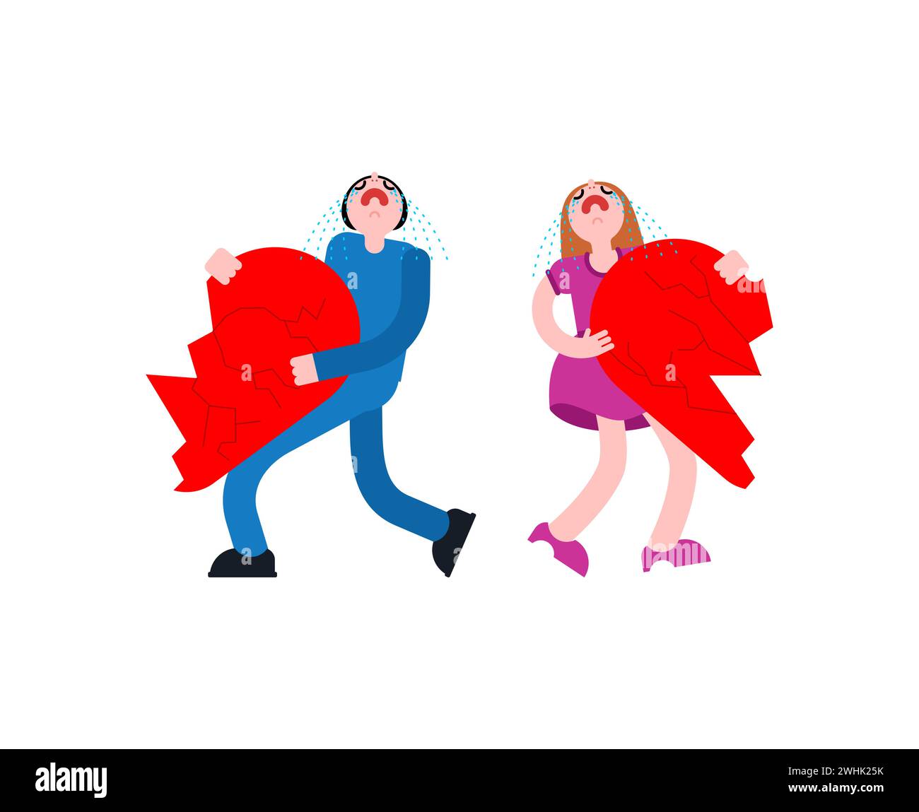 Couple separates with half heart. Broken love. Concept of divorce and separation of lovers. Stock Vector