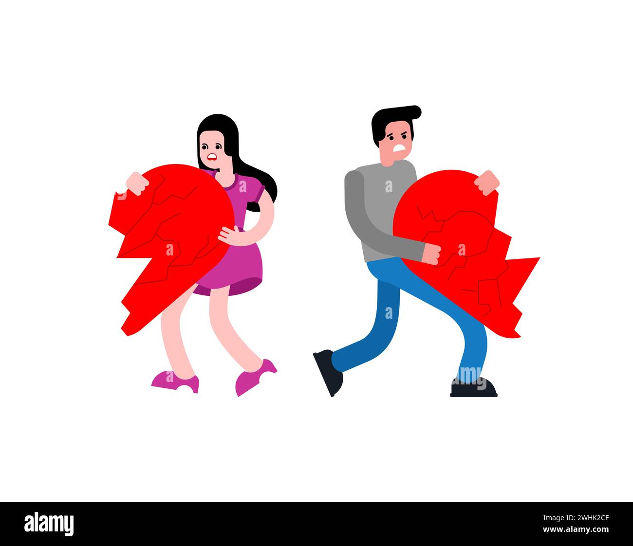 Couple separates with half heart. Broken love. Concept of divorce and separation of lovers. Stock Vector