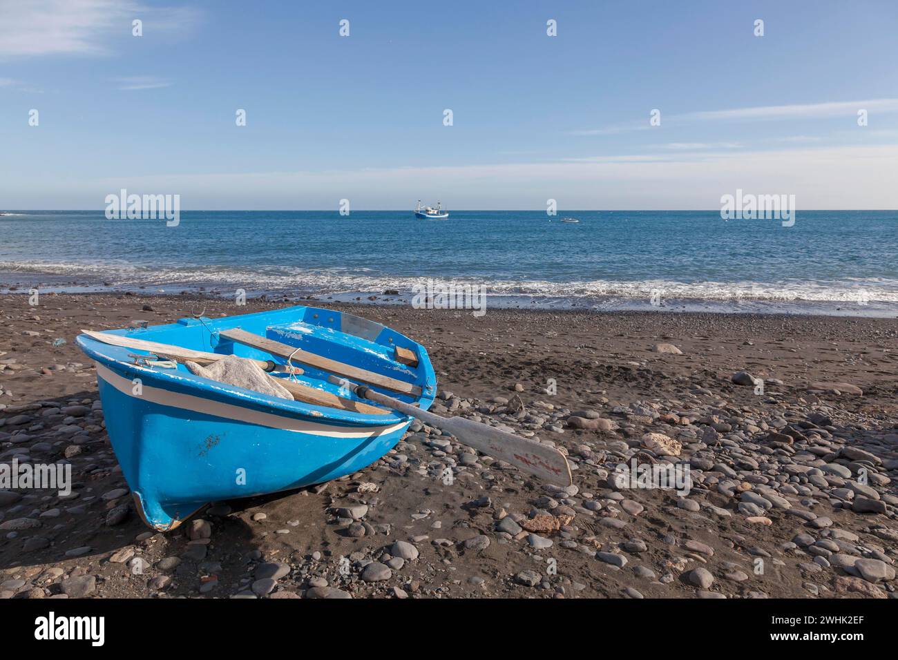 Blue rowing boat, beach, coast, Fuerteventura, Canary Island, Spain Stock Photo