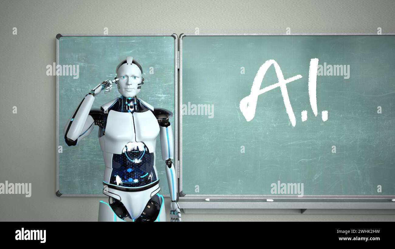 Humanoid Robot Chalkboard Teacher Stock Photo