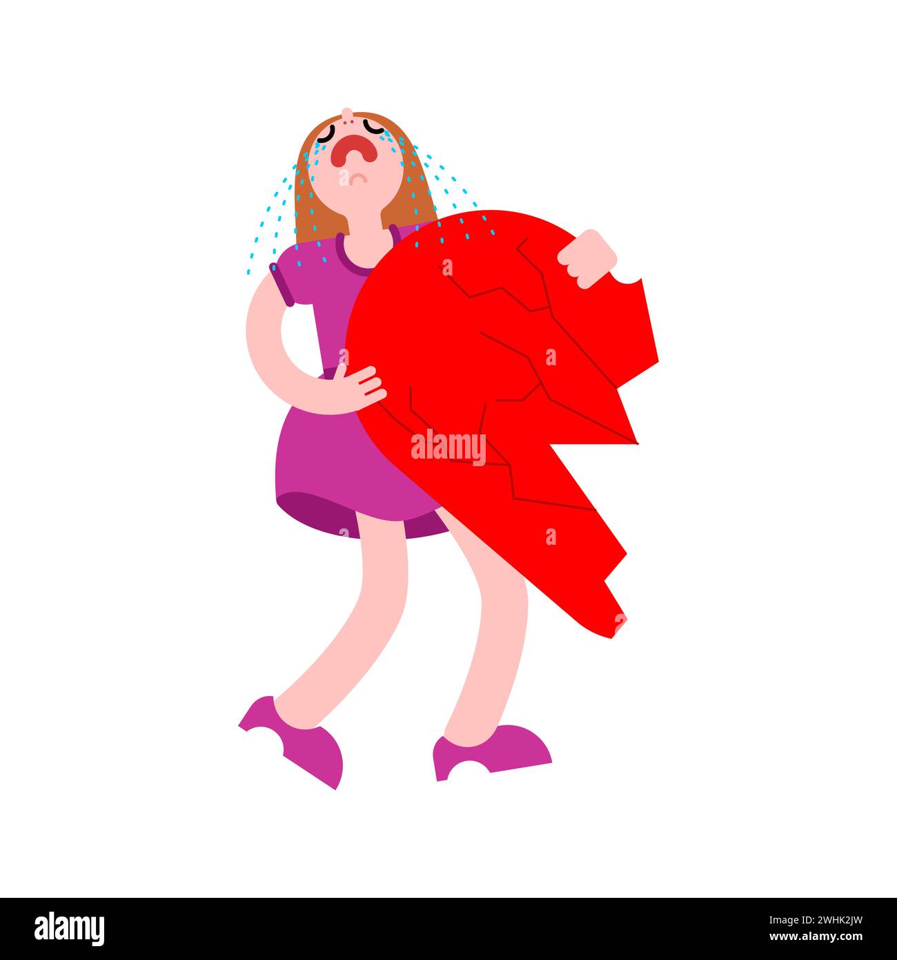 Woman separates with half heart. Broken love. Concept of divorce and separation of lovers. Stock Vector