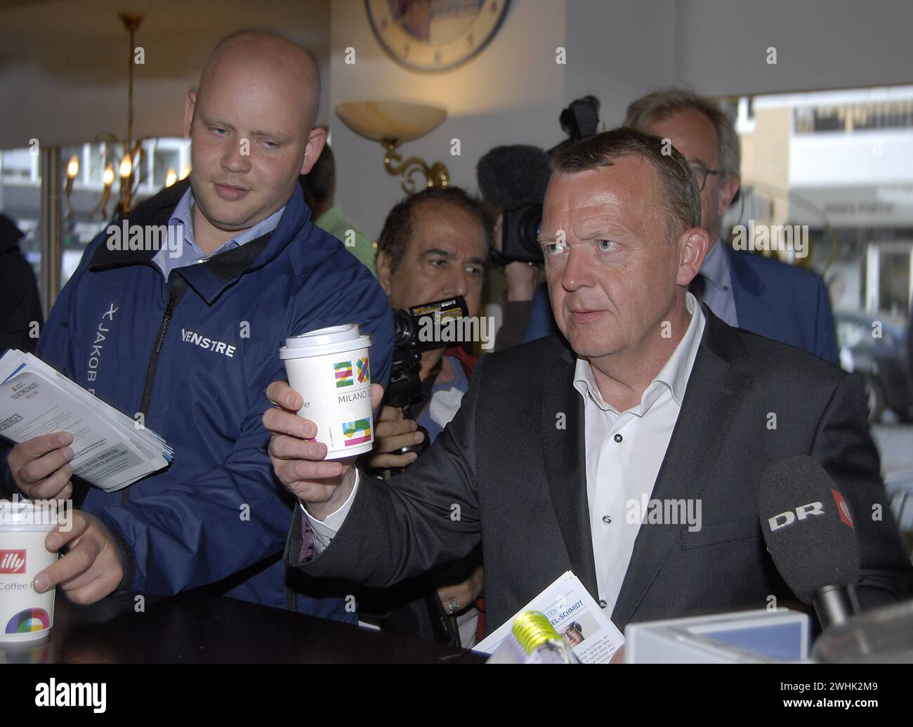 LYNGBY/COPENHAGEN/DENMARK. 15 JUNE 2015  Danish liberal party leader and prime minister cadidate former prime minister Lars Lokke Rasmussen joint road elections compaign for local parliament candidate Jakob Engel-Schmidt at lyngby districts Stock Photo