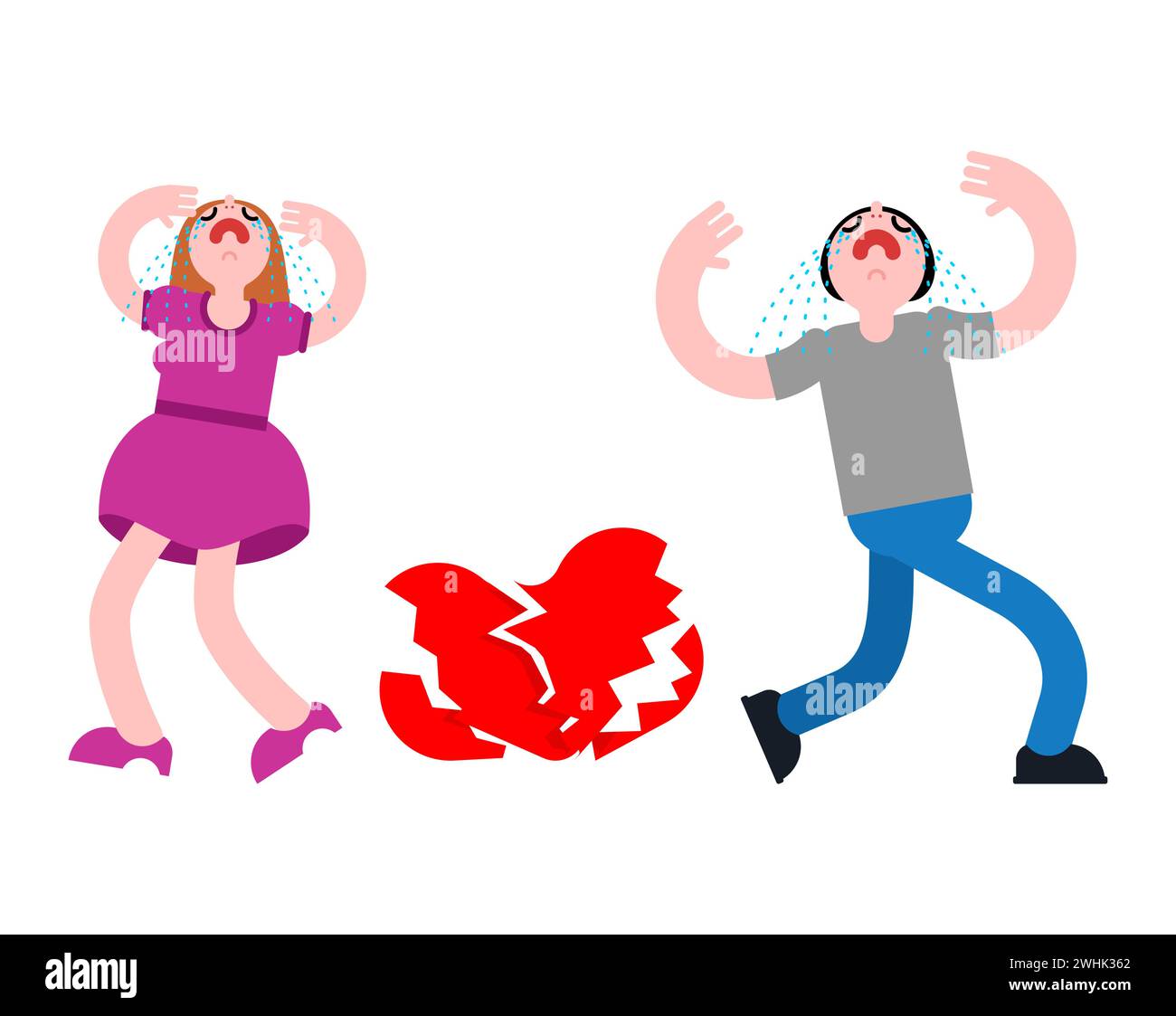 Couple separates with half heart. Broken love. Concept of divorce and separation of lovers. Stock Vector