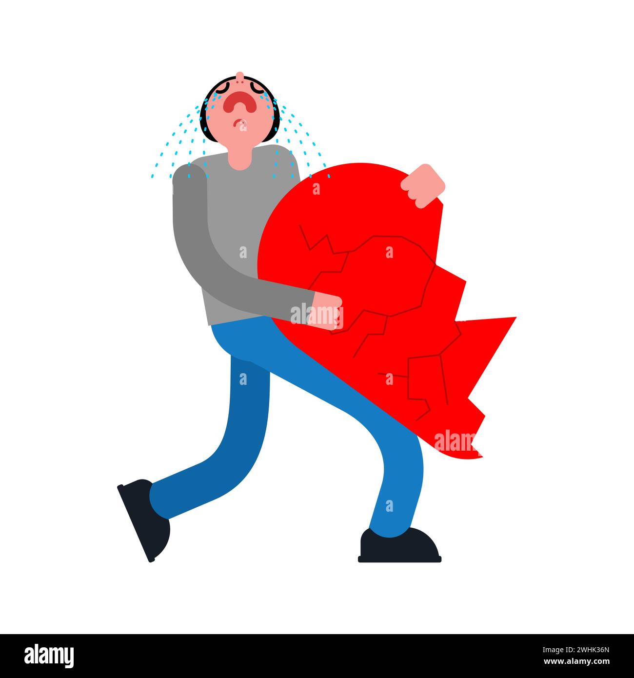 Man separates with half heart. Broken love. Concept of divorce and separation of lovers. Stock Vector