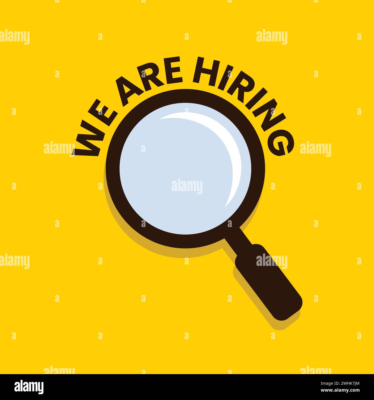 Vector magnifying glass illustration with the lettering of We are hiring. Employee job opportunity announcement social media poster, banner template Stock Vector