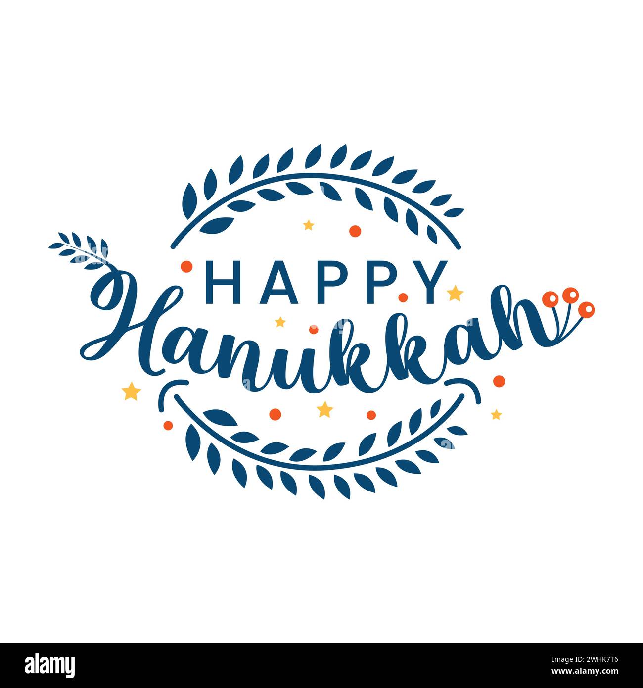 Happy Hanukkah vector illustration with floral elements. Hanukkah Hand drawn typography and lettering greeting card. Happy Hanukkah in Hebrew Stock Vector