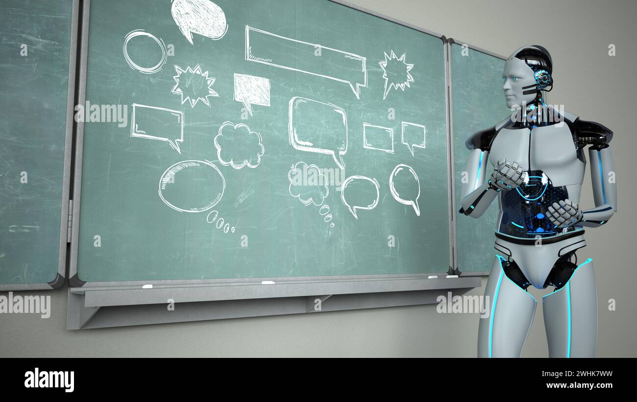 Humanoid Robot Chalkboard Teacher Speech Bubbles Stock Photo
