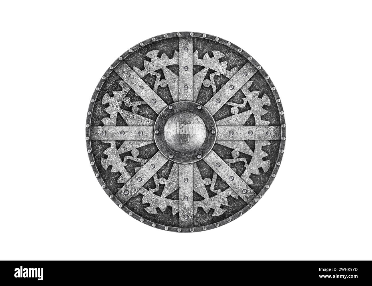 Old decorated metal round shield isolated on white background Stock Photo