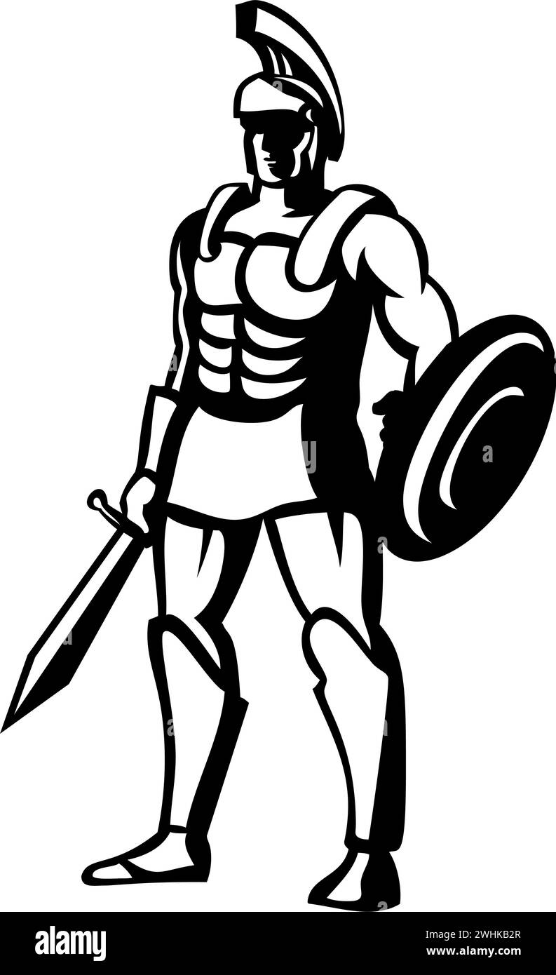 Roman Centurion Standing with Sword and Shield Front View Retro Style Stock Photo
