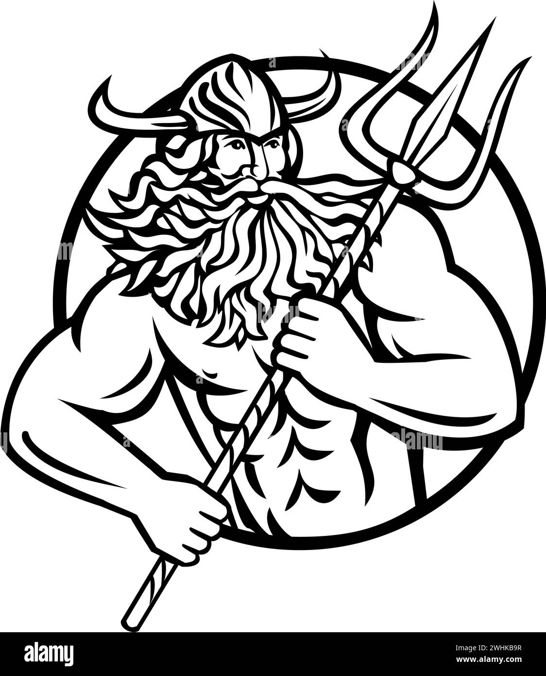 Aegir Hler or Gymir God of Sea in Norse Mythology with Trident Circle Mascot Stock Photo