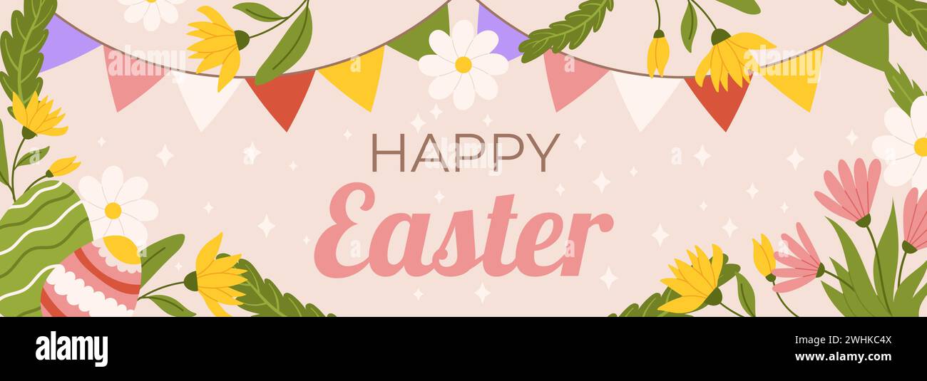 Easter horizontal banner template. Design for celebration spring holiday with flowers, painted eggs, bunting garland with colorful flags. Stock Vector