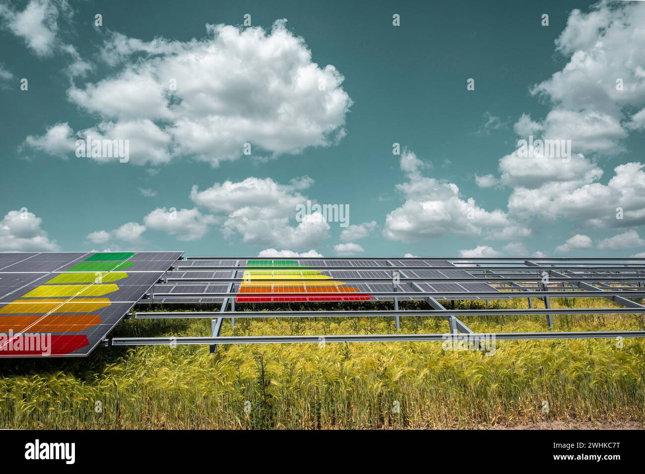 Solar panel system with EU energy label, symbolic image Stock Photo