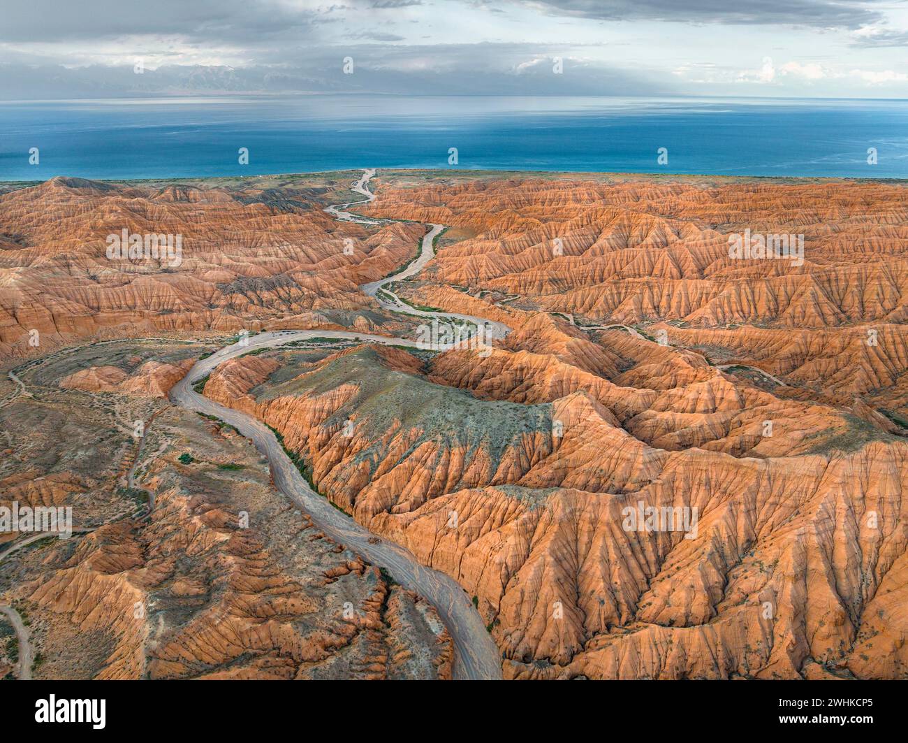 River bed runs through a landscape of eroded hills, badlands, Issyk Kul Lake in the background, aerial view, Canyon of the Forgotten Rivers, Issyk Stock Photo