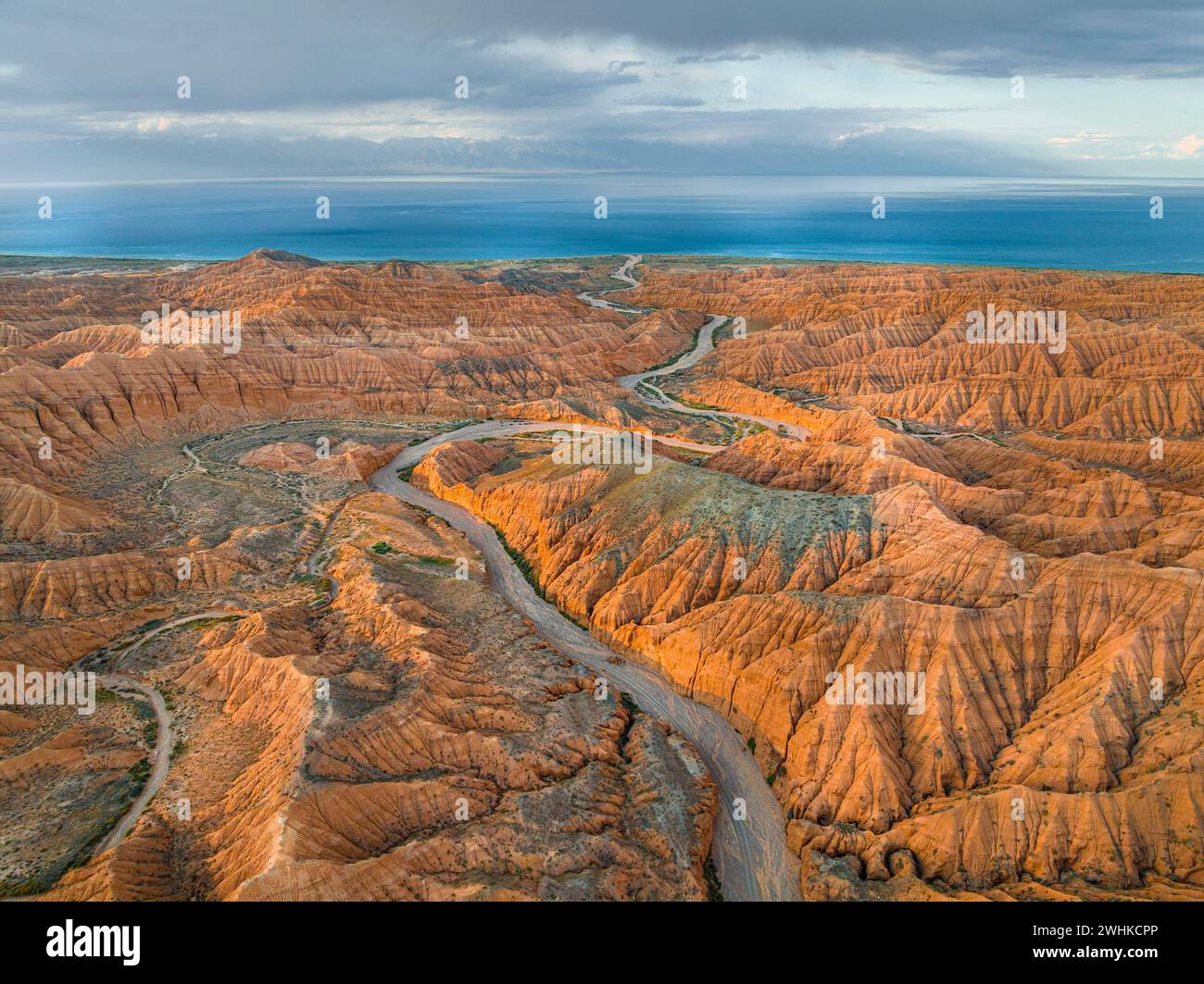 River bed runs through a landscape of eroded hills, badlands, Issyk Kul Lake in the background, aerial view, Canyon of the Forgotten Rivers, Issyk Stock Photo