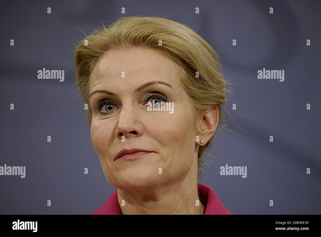 COPENHAGEN /DENMARK- 03 February 2014  Denmark s prime minister Ms. Helle Thorning-Schmidt in pink dress and leader of danish social democrat party and Ms.Margrethe Vestager vice prime minister and minister for economy and home minister right to prime minister in short hair dark dress and leader of danish radical political party hold joint press conference after reshaping cabint at Mirror hall at PM office at christionsborg today on monday Stock Photo