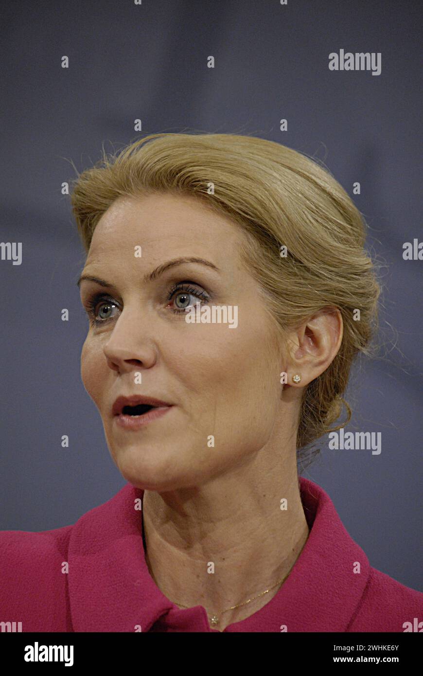 COPENHAGEN /DENMARK- 03 February 2014  Denmark s prime minister Ms. Helle Thorning-Schmidt in pink dress and leader of danish social democrat party and Ms.Margrethe Vestager vice prime minister and minister for economy and home minister right to prime minister in short hair dark dress and leader of danish radical political party hold joint press conference after reshaping cabint at Mirror hall at PM office at christionsborg today on monday Stock Photo