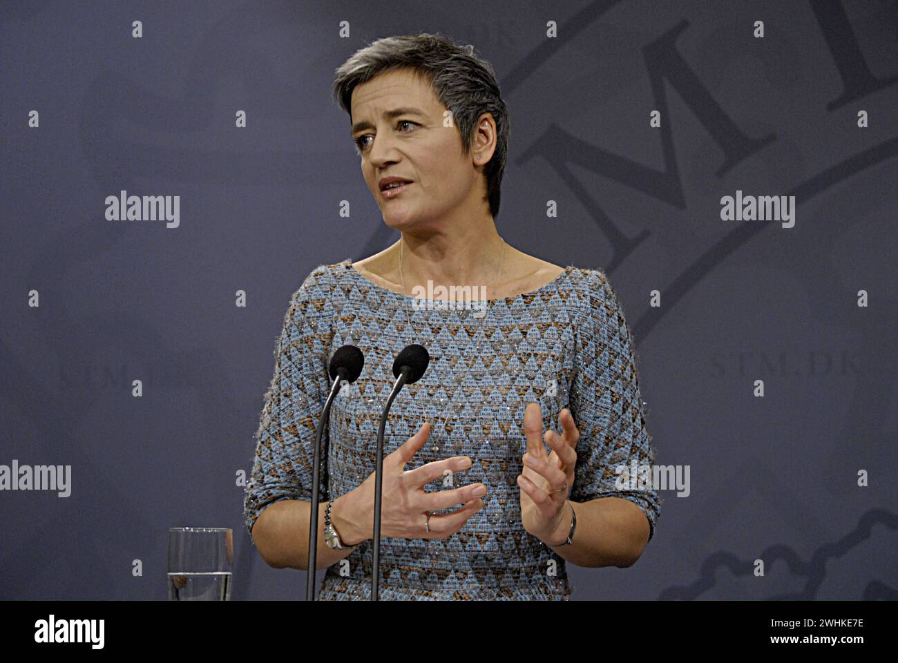 COPENHAGEN /DENMARK- 03 February 2014  Denmark s prime minister Ms. Helle Thorning-Schmidt in pink dress and leader of danish social democrat party and Ms.Margrethe Vestager vice prime minister and minister for economy and home minister right to prime minister in short hair dark dress and leader of danish radical political party hold joint press conference after reshaping cabint at Mirror hall at PM office at christionsborg today on monday Stock Photo