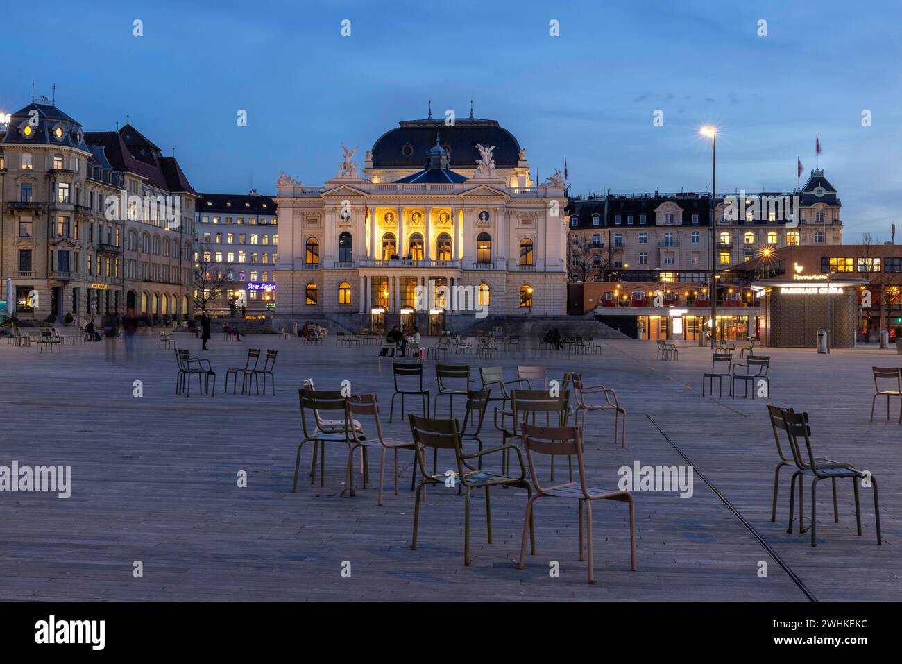 Evening atmosphere at Sechselaeutenplatz, Opera House, City of Zurich, Canton of Zurich, Switzerland Stock Photo